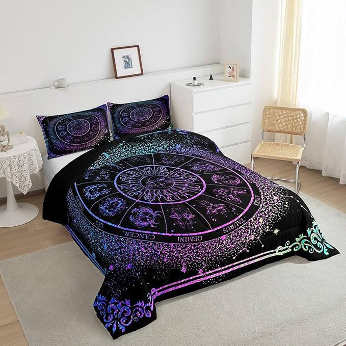 Sun and Moon Comforter Set Zodiac Signs Astrology Bedding Set Twin Constellations Galaxy Down Comforter Spiritual Gifts for Girls Teens Women,Trippy Leo Aquarius Quilt Duvet Set Purple Blue 2 Pcs