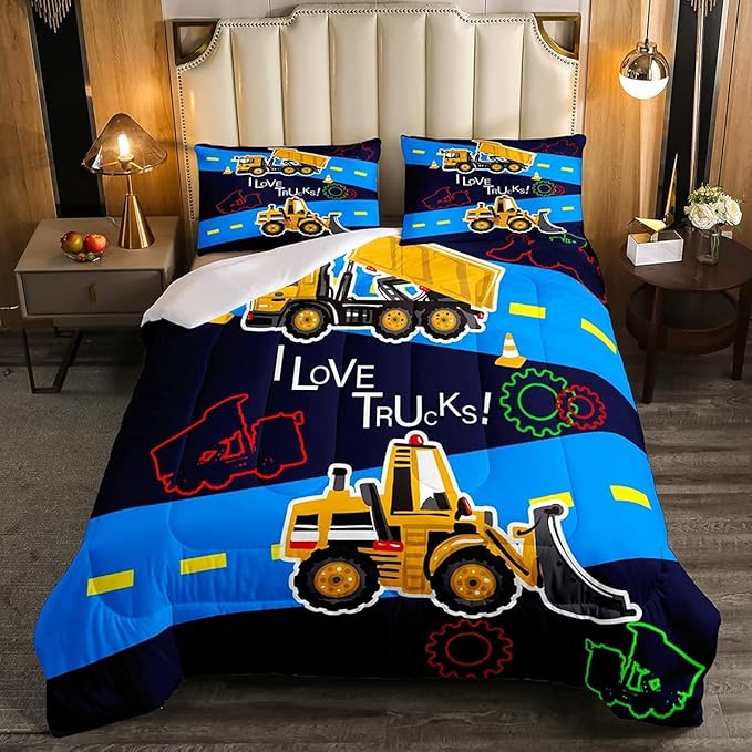 Truck Comforter Set Boys Full Down Comforter Kids Excavator Equipment Truck Bedding Set Construction Vehicle Quilt Duvet Set Cartoon Machinery Truck Gear Bulldozer Tractor Cars Duvet Set,Colorful