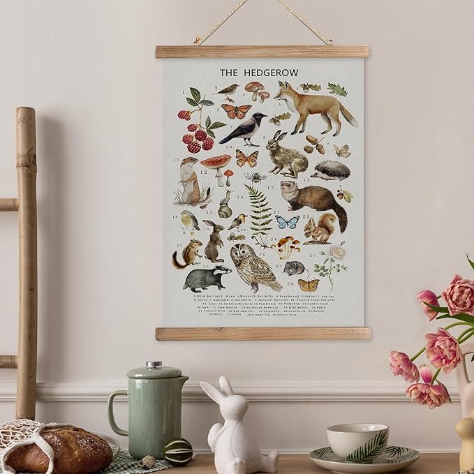 XIAOAIKA British Hedgerow Wildlife Educational Poster - Illustrated Nature Chart with Wooden Frame - Countryside Animals and Plants Wall Art for Home, School, or Nature Reserve Decor 12 x 16 Inches