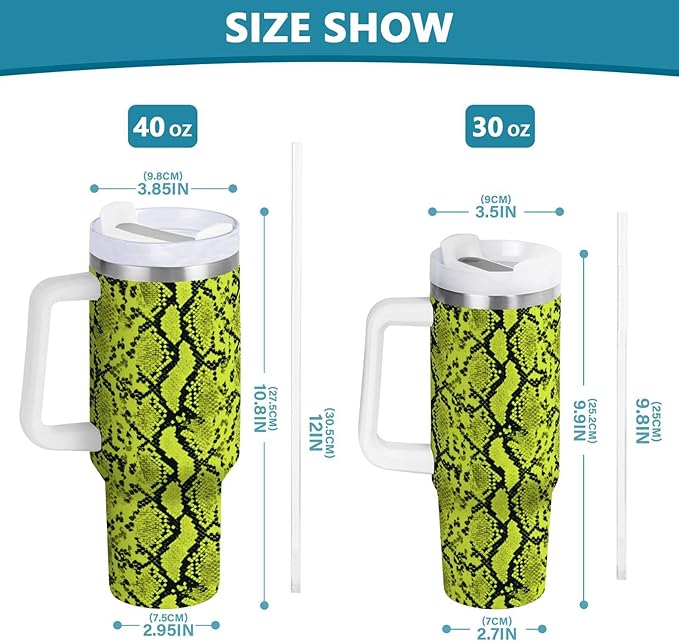 Boccsty Neon Green Snakeskin Insulated Tumblers Reusable Stainless Steel Tumbler 30 oz Cup Coffee Travel Mug Water Bottle with Handle & Flip Straw for Home Office Car