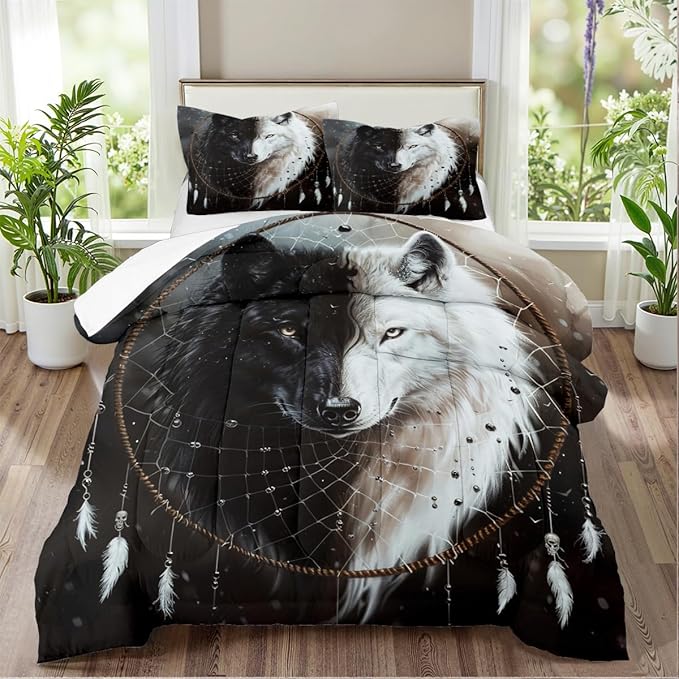 Wolf Bedding Twin Size Black White Wolves Bedding Set Wolf Dreamcatcher Comforter Set for Kids Boys Wild Animal Comforter with 1 Pillowcase