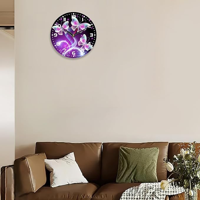 Butterfly Wall Clock for Bathroom,Flying Butterfly Glowing in Dark Wall Clocks Silent Non-Ticking Battery Operated Clock 10 Inch,Wall Clocks Decorative for Living Room,Kitchen,Office