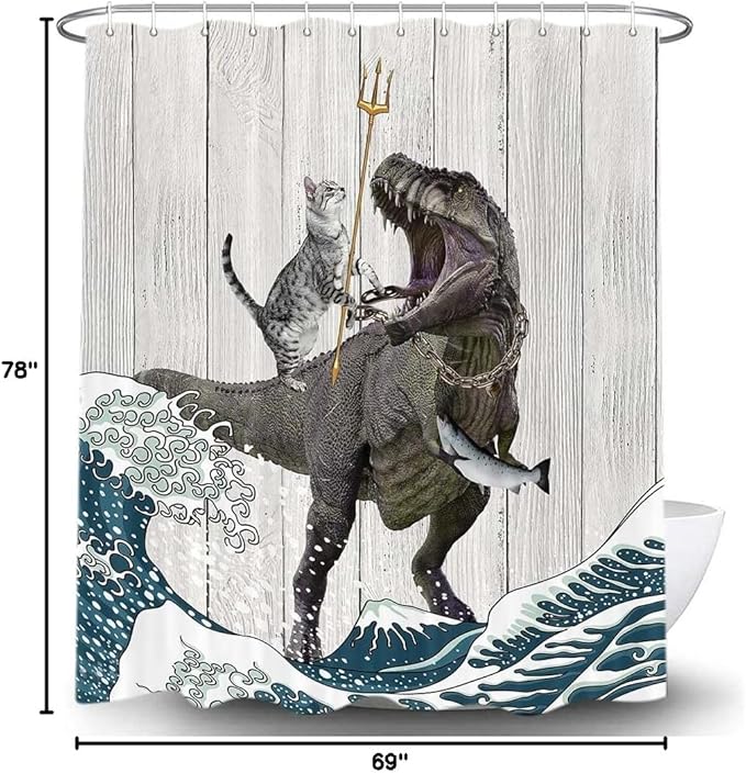 Torich Funny Cat Shower Curtain Set, Cool Cat Dinosaur Japanese Ocean Wave Decor Fabric Bathroom Curtains, Fun Kids Children Animal Rustic Wooden Farmhouse Decor Polyester Fabric 69X78in