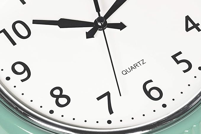 Bernhard Products Retro Wall Clock 9.5 Inch Green Kitchen 50's Vintage Design Round Silent Non Ticking Battery Operated Quality Quartz Clock (Seafoam Green)