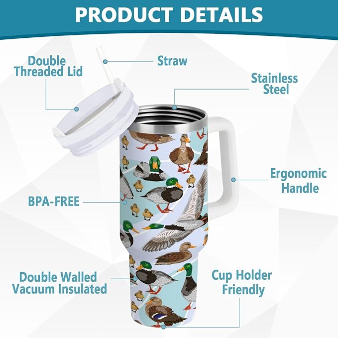 Boccsty Mallard Ducks Insulated Tumblers Reusable Stainless Steel Tumbler 40 oz Cup Coffee Travel Mug Water Bottle with Handle & Flip Straw for Home Office Car