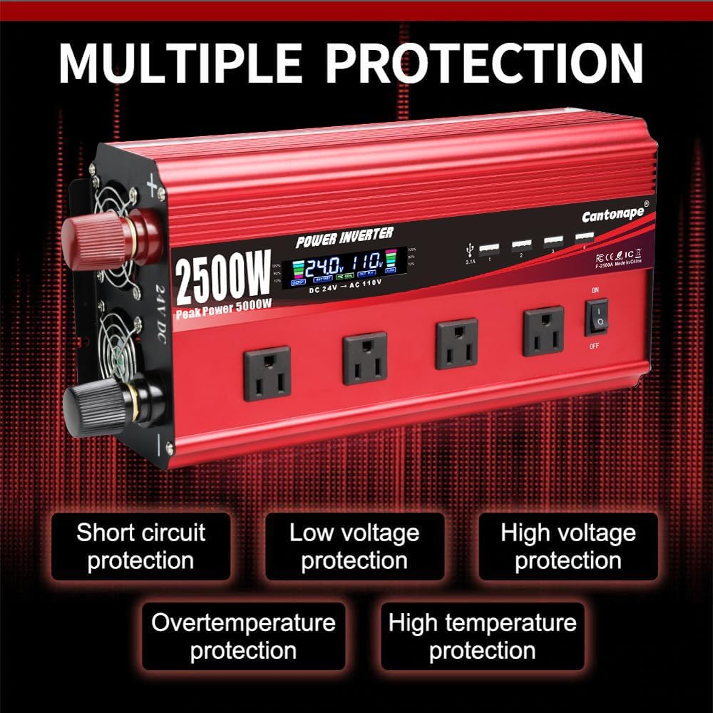 2500W Power Inverter 24V to 110V/120V DC to AC with LCD Display, Remote Controller 4 x AC Outlets and 4 x 3.1A USB Car Adapter for Car Truck Boat RV Solar System