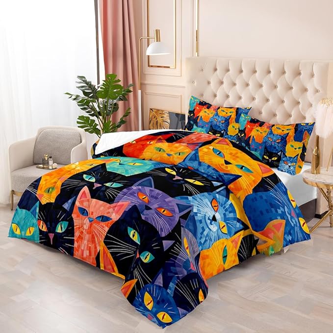 Suncloris Modern Chic Cats Comforter, Color Oil Painting Cats Bedding Set for Girls Boys, Cartoon Pet Cats Themed Quilt Bedroom Decor with 2 Pillow Cases (ColorCat, Queen)