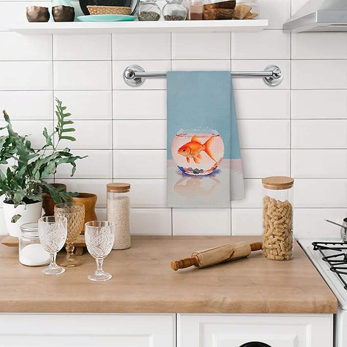 Watercolor Goldfish Tank Kitchen Towels, Fish Lover Gifts Hand Towels for Bathroom Kitchen, Coastal Beach Ocean Goldfish Decorative Dish Towels Drying Cloth, 16x24 Inch