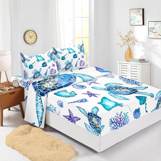 Blue Sea Turtle Sheet 4Pcs Twin Ocean Coral Starfish Shell Fish Bedding Set for Kid Teen Girl Boy Adult Bed Decor Conch Manta Ray Bedspread with 1 Flat Sheet and 1 Fitted Sheet+2 Pillowcases