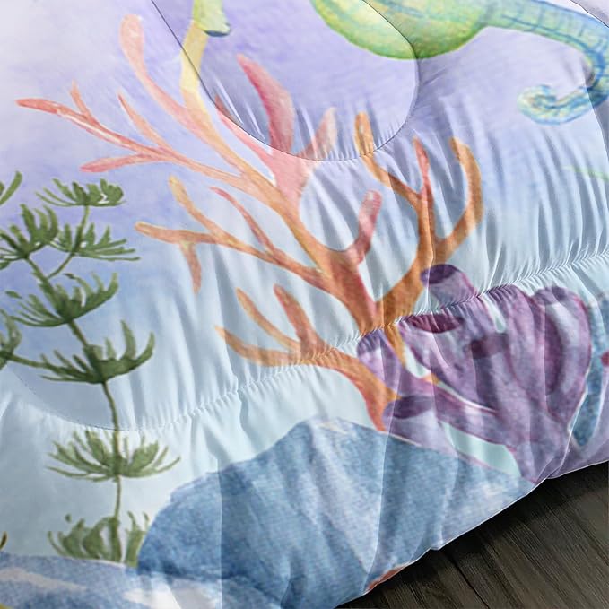 Turtle Bedding Set 3pcs Queen Ocean Life Shell Comforter Set Kid Fish Crab Bedding Set for Boy Girl Watercolor Tortoise Seaweed Theme Pattern Quilt Bed Set with 1 Comforter and 2 Pillowcases