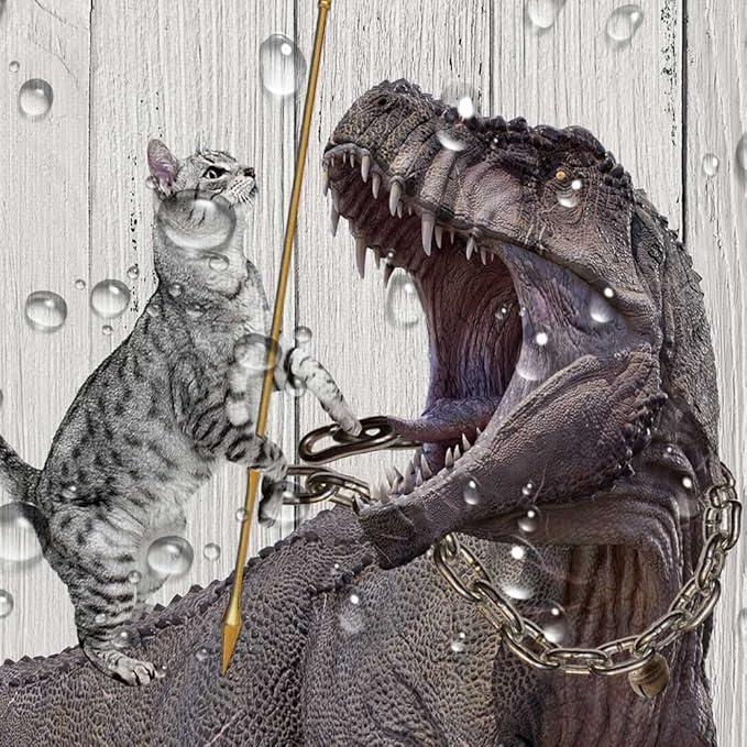 Torich Funny Cat Shower Curtain Set, Cool Cat Dinosaur Japanese Ocean Wave Decor Fabric Bathroom Curtains, Fun Kids Children Animal Rustic Wooden Farmhouse Decor Polyester 72X84in
