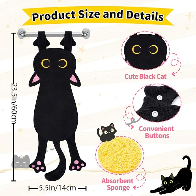Black Cat Funny Hand Towels for Bathroom Kitchen,Cute Decorative Hanging Face Towels,Super Absorbent Soft Kitchen Towels,Cat Lovers Gifts for Kids Girls Women