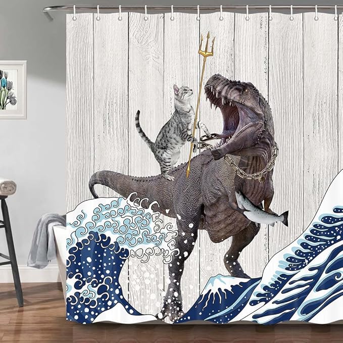 Torich Funny Cat Shower Curtain Set, Cool Cat Dinosaur Japanese Ocean Wave Decor Fabric Bathroom Curtains, Fun Kids Children Animal Rustic Wooden Farmhouse Decor Polyester 72X84in