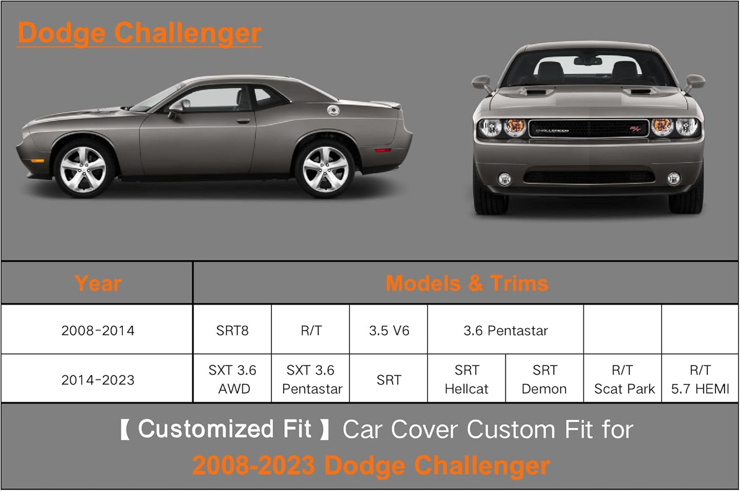 Kayme 6 Layers Car Cover Custom Fit for Dodge Challenger Hellcat (2008-2025) Waterproof All Weather for Automobiles, Outdoor Full Cover Rain Sun UV Protection.Silver