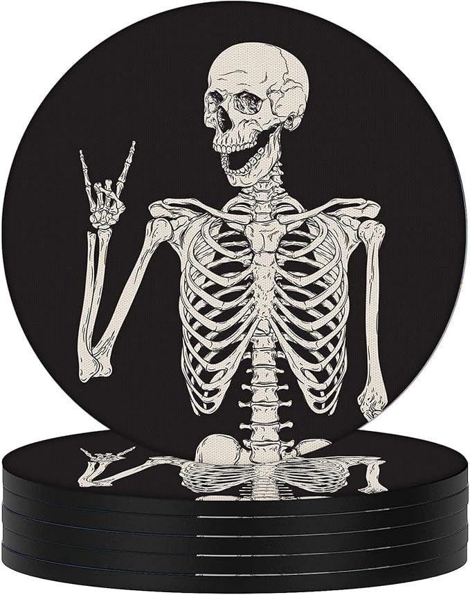 Swooflia Coasters for Drinks Coffee Table, Skeleton Funny Black Silicone Absorbent Cup Coaster Set Housewarming Kitchen Home Wooden Desk Office Bar Tabletop Decor 6 Pack