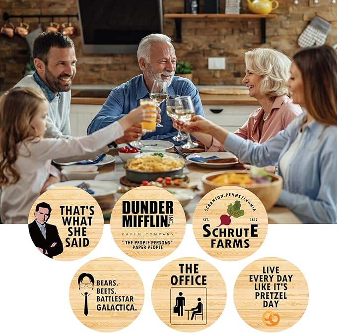 The Office TV Show Themed Merchandise for Fans, Funny Drink Coasters with Coaster Holder Set of 6, The Office Gifts for Fans, Bar Cork Coasters for Drinks Coffee Desk Table
