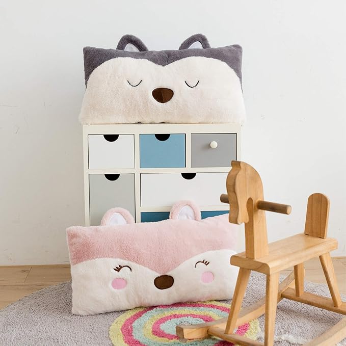 Stuffed Animal Lumbar Pillow, Super Soft Plush Cuddle Throw Pillow for Kids, Cute Fox Shaped Pillow, 12 x 24 Inches, Grey, Ivory