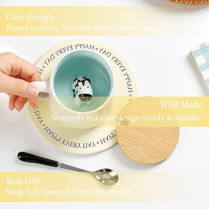 BigNoseDeer Zebra Mug Cute Mugs with 3D Zebra Inside Ceramic Coffee Mug Tea Cup with Spoon and Lid Cool Stuff Birthday Mother's Day Cute Gifts for Women Kids 12oz(Zebra)