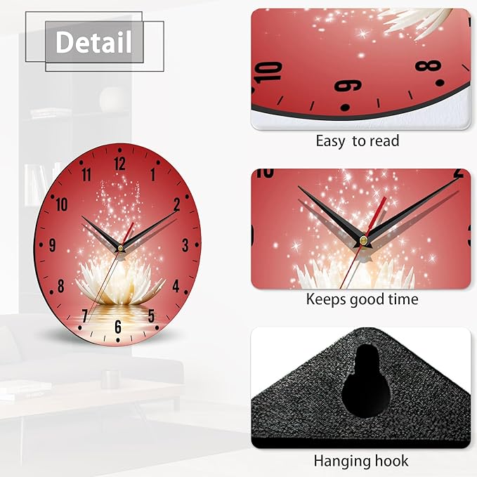 SPUNKER Wall Clock,Lotus Flower Wall Clocks for Living Room Decor,Glowing Floral Kitchen Clocks Wall Battery Operated - 10 Inch Round Bathroom Wall Clock Silent Non-Ticking