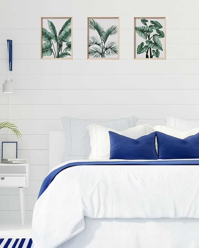 UPWOIGH Framed Wall Art(No Plexiglass), Abstract Green Palm and Eucalyptus Leafs Canvas Wall Art, High-end 16x12in Wood Wall Decor Prints Artworks for Living Room Bedroom, Plant Neutral Wall Decor Set