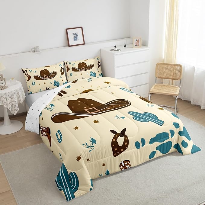 Western Cowboy Comforter Set King Size,Fashion Cowboy Hat Bedding Sets 3Pcs for Kids Girls Boys Teens Room Decor,Desert Cactus Quilt Set Blue Brown Cowhide Print Duvet Insert,2 Pillowcases