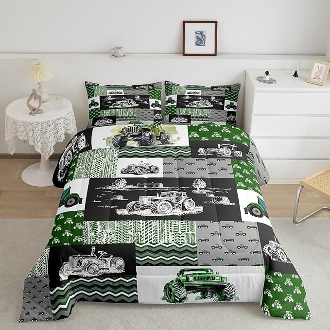 Tractor Bedding Set Twin Size Equipment Trucks Comforter Farmhouse Harvester Down Comforter for Kids Boys Car Bedroom Decor Green Vehicle Quilt Plaid with 1 Pillowcase, Grey