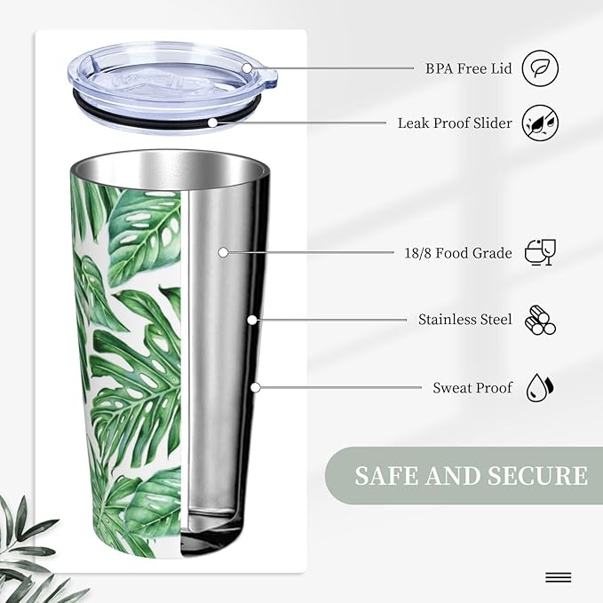 Tropical Palm Leaves Tumbler Stainless Steel Insulated Tumblers with Lid and Straw Reusable Hawaiian Plants Coffee Travel Mug Tea Drinking Wine Cups Unique Gifts for Women 20 Oz