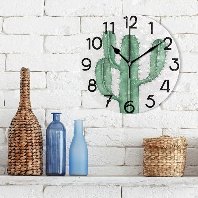 Summer Cactus Cacti Round Wall Clock 10 Inch Tropical Style Quartz Battery Operated Summer Decoration for Living Room Kitchen Bedroom Bathroom Large Numbers