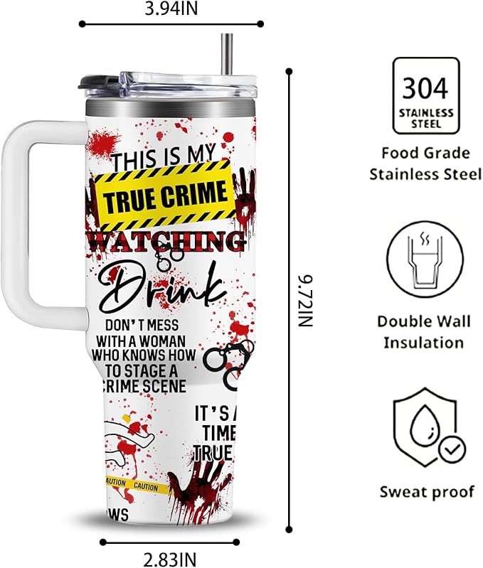 True Crime Gifts for Women Men - 40oz Funny Crime Scene Tumbler, Stainless Steel Travel Mug for Horror Podcast Fans, Crime Junkie Merch, Christmas Birthday Detective Lover Gift