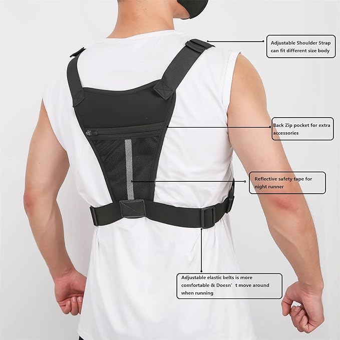 Sports Chest Bag For Men, Water Resistant Lightweight Front Running Vest Bag With Built-In Phone Holder & Extra Storage For Workouts, Cycling (Black)