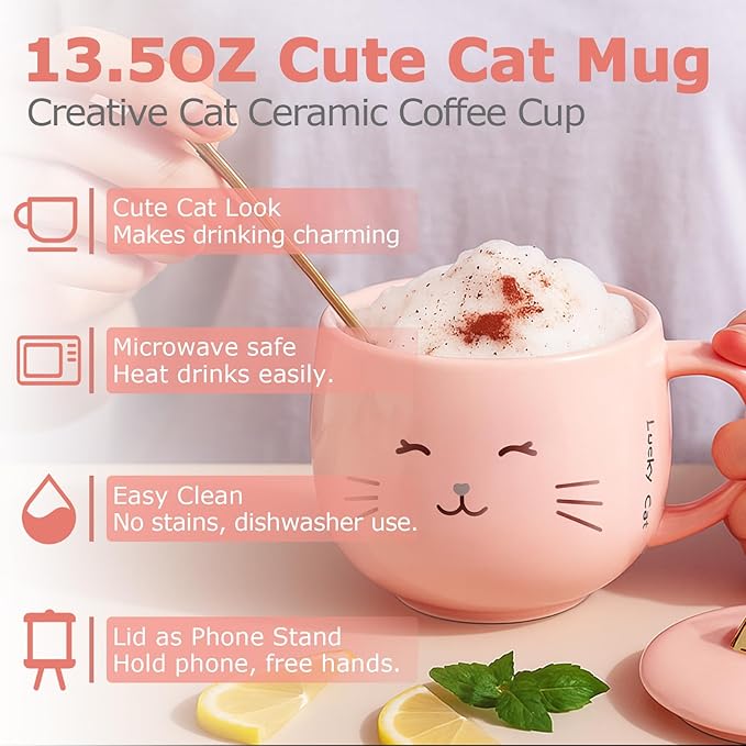 Yuwu Cat Ceramic Coffee Mug with Spoon & Lid, 13.5 oz Novelty Mug with Phone Stand Lid, Kawaii Tea Cup for Women & Cat Enthusiasts