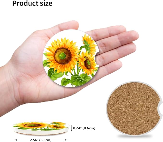 Sunflower Car Coasters for Drinks Absorbent,2 Pack Cup Holders,2.56" Ceramic Stone & Non-Scratch Cork Base Coasters,Auto Accessories for Women & Men