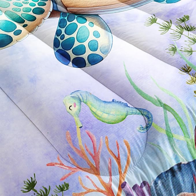 Turtle Bedding Set 3pcs Queen Ocean Life Shell Comforter Set Kid Fish Crab Bedding Set for Boy Girl Watercolor Tortoise Seaweed Theme Pattern Quilt Bed Set with 1 Comforter and 2 Pillowcases