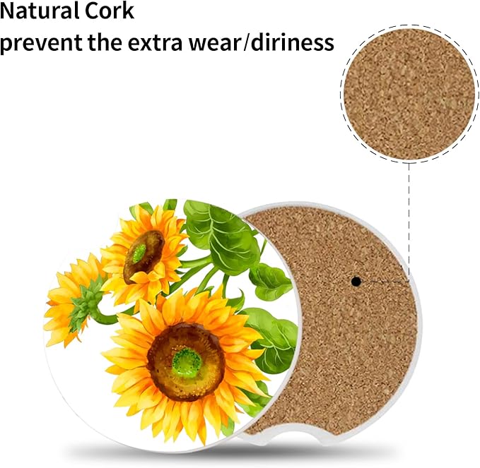 Sunflower Car Coasters for Drinks Absorbent,2 Pack Cup Holders,2.56" Ceramic Stone & Non-Scratch Cork Base Coasters,Auto Accessories for Women & Men