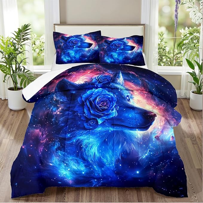 Blue Galaxy Wolf Comforter Set Twin Size Cute Animal Bedding Set Aesthetic Bedding Comforters Soft Down Alternative Comforter Sets with 1 Pillowcase