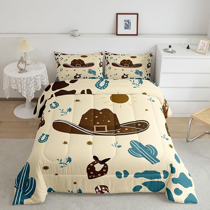 Western Cowboy Comforter Set King Size,Fashion Cowboy Hat Bedding Sets 3Pcs for Kids Girls Boys Teens Room Decor,Desert Cactus Quilt Set Blue Brown Cowhide Print Duvet Insert,2 Pillowcases
