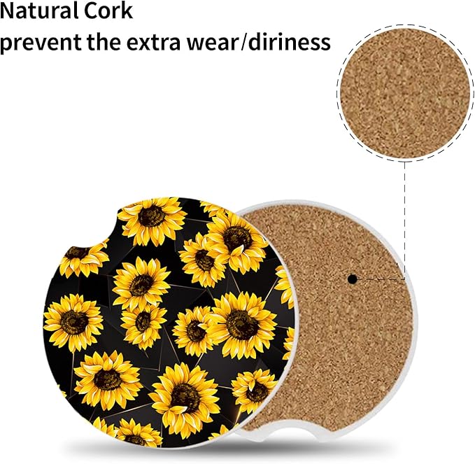 Sunflowers Absorbent Car Coasters 2 Pack for Cup Holders, 2.56" Ceramic Stone & Non-Scratch Cork Base Drink Coasters, Auto Accessories for Women & Men