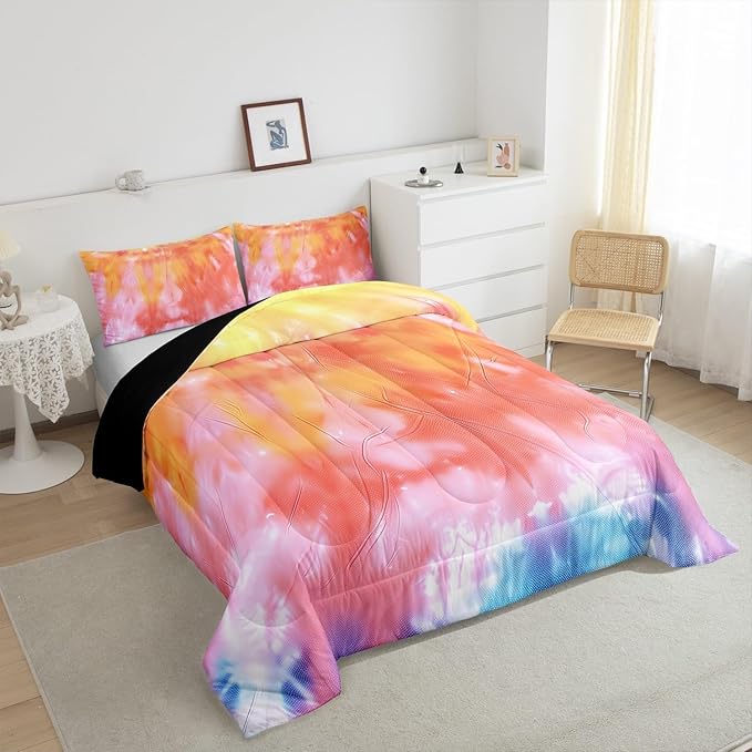 Boho Comforter Set Spiral Tye Dye Pattern 3pc Down Comforter King Size Rainbow Bedding Sets with 2 Pillowcases Soft Comfortable Machine Washable,Trippy Psychedelic Gypsy Duvet Quilt Set for Teen Girl