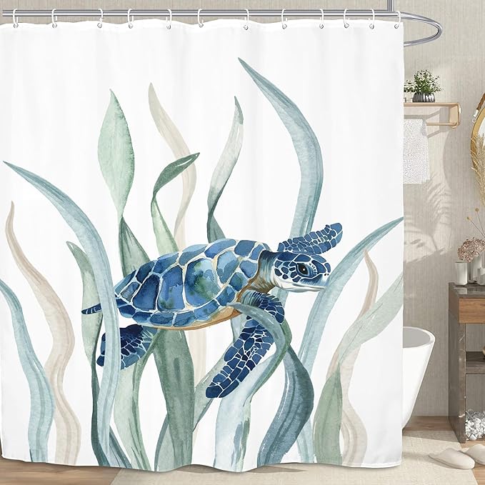 Turtle Seaweed Shower Curtain 60Wx72L Inch Sea Ocean Underwater Undersea Blue Green Watercolor Bathroom Set Accessories Decor with 12 Pack Hooks