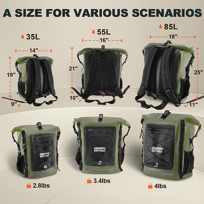 Waterproof Backpack Dry Bag 35L/55L β Heavy Duty Roll-Top Hiking Backpack for Travel, Kayaking, Boating, Camping, Rafting and Fishing