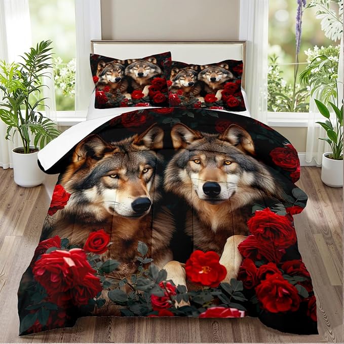 Wolf Comforter Set Queen Size Red Rose Wolves Bedding Set Wild Animal Bedding Sets Black Floral Animals Comforters 3 Piece Soft Down Alternative Comforter Sets for Girls Boys Kids Teens