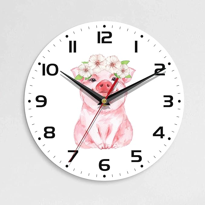 Wall Clock, 10 Inch Silent Non-Ticking Home Kitchen Decor, Battery Operated for Bathroom Bedroom Living Room Office(Cute Pig Flower)
