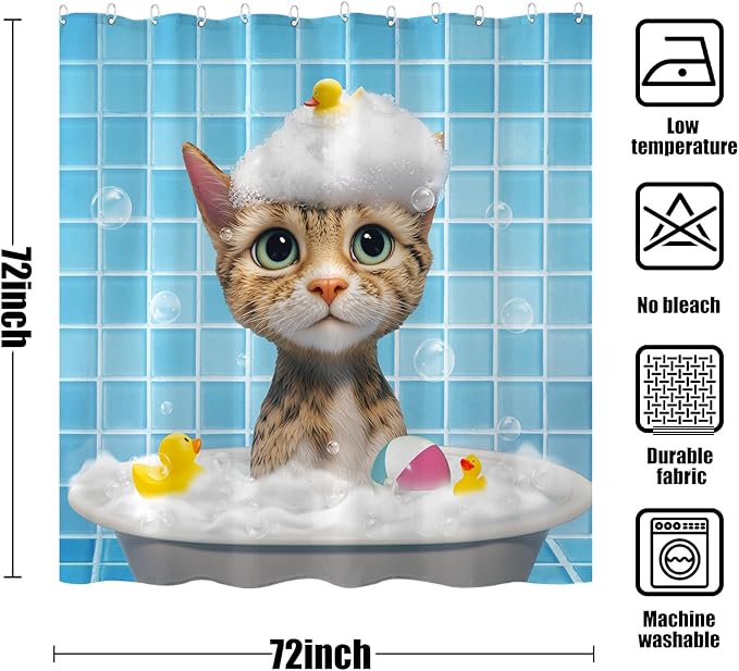 Yeoiat Cat Shower Curtain Funny Shower Curtain Bubble Cat Shower Curtains for Bathroom Cute Shower Curtain Set with 12 Hooks Cat-02 72×72 Inches