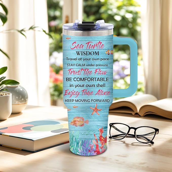 Turtles Gifts for Women, Sea Turtle Tumbler, Birthday Gifts for Sea Turtle Lover, Cute Animal Lover Gift for Women, 40 Oz Tumbler with Handle Lid and Straw