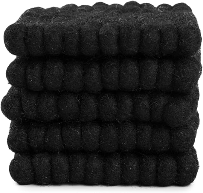 Square Felt Ball Coasters - 100% Merino Wool Table Coasters - Felt Coaster Pads, Absorbent Trivet for Drinks - Heat Resistant, Thick & Durable Hand Felted in Nepal by Woolygon- Multicolor - Set of 5