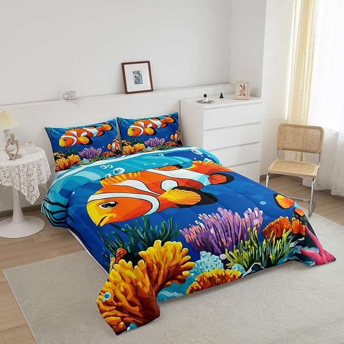 Tropical Fish Comforter Set Queen Size,Colorful Underwater World Bedding Set,Coral Fish Ocean Life Quilt Set for Kids Girls Boys Teens Room Decor,Hawaii Sea Style Duvet Insert,2 Pillowcases