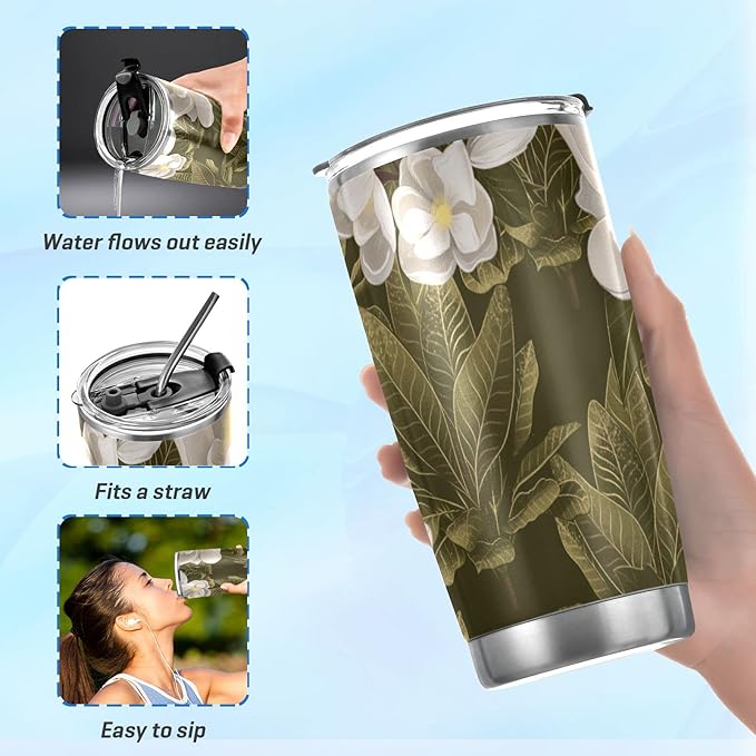 Tumbler Magnolia Flower White Insulated Coffee Cup Back to School Beverage Container Office Travel Mug with Straw and Lid 20oz