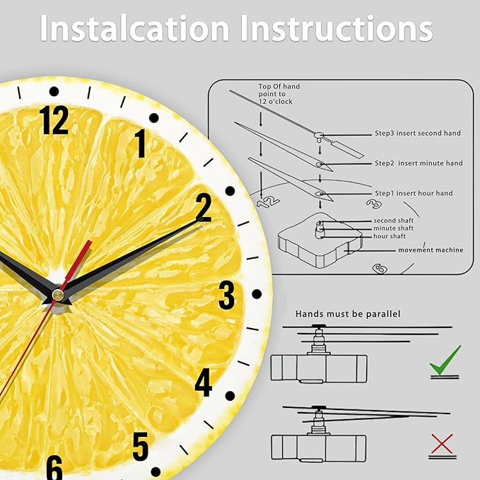 SPUNKER Wall Clocks,Lemon Yellow Fruits 10 Inch Wall Clock,Summer Small Battery Operated Wall Clocks Decorative for Kitchen/Living Room/Bedroom/Bathroom/Dining Room