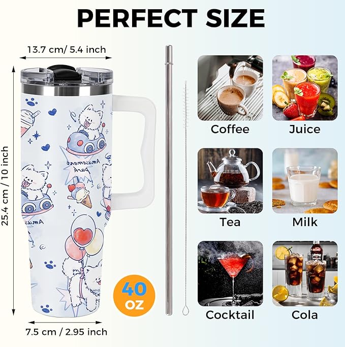 Tumbler with Handle and Lid, Dog Lover Tumbler, 40 oz Puppy Dogs Printed Insulated Stainless Steel Travel Mug Cute Terrier Lover Gifts For Kids, Men, Women, Friends, Coworkers, Families