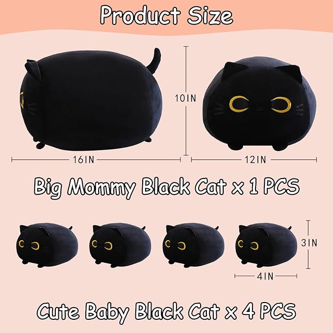 SQEQE Black Cat Plush, Cat Stuffed Animals Plushie with 4 Cute Babies Cat Plushies in Her Tummy, Soft Plushie Pillow Gifts for Kids